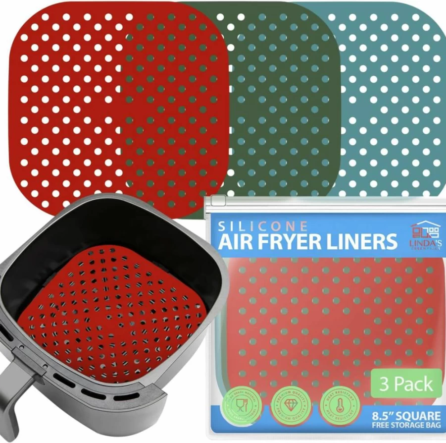 Reusable Square Silicone Air Fryer Liners (8.5 Inch, 3 Pack) - Non-Stick, Easy-Clean Accessories with Cheat Sheet & Recipe Book by Linda's Essentials for Quick Meals