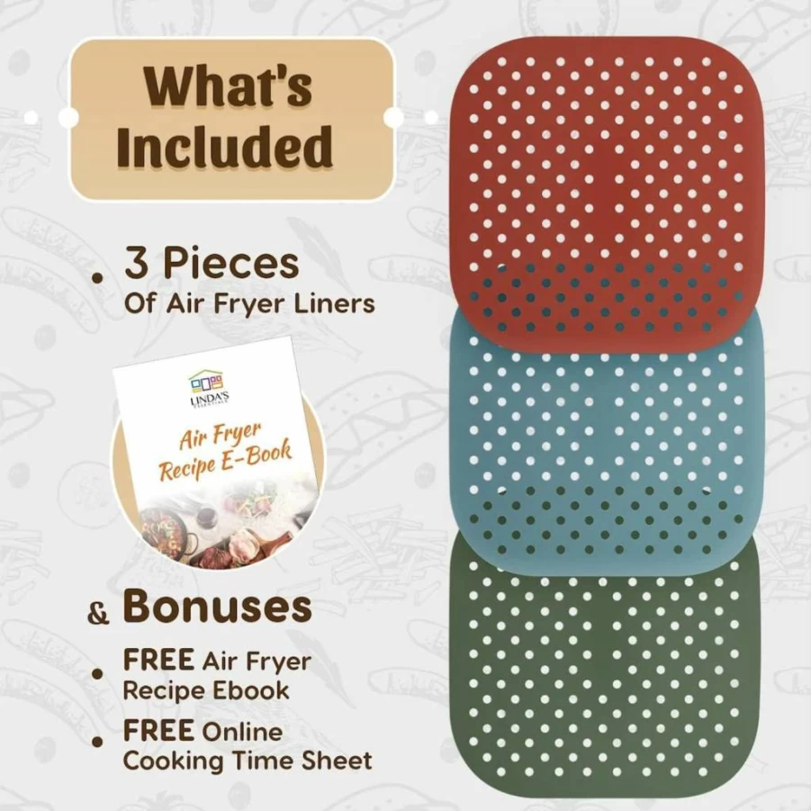Reusable Square Silicone Air Fryer Liners (8.5 Inch, 3 Pack) - Non-Stick, Easy-Clean Accessories with Cheat Sheet & Recipe Book by Linda's Essentials for Quick Meals