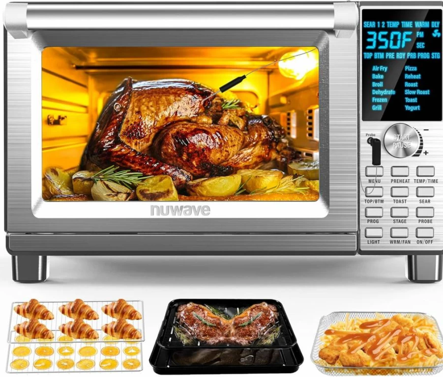 Nuwave Bravo 12-in-1 Smart XL Air Fryer Toaster Oven, 30QT Countertop Convection Oven with 50°F-500°F Adjustable Temperature, Dual Heating Controls, Brushed Stainless Steel Design