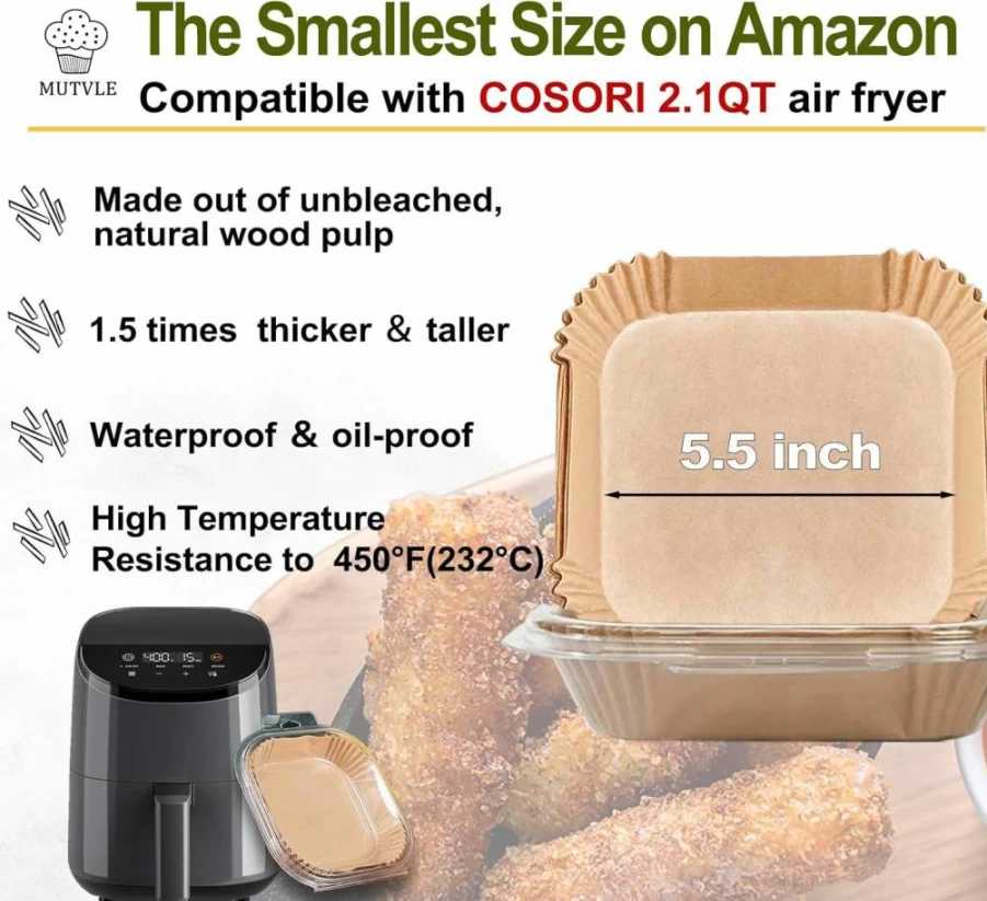 Mutvle 9 Inch Square Air Fryer Paper Liners, 125-Pack Disposable Parchment Sheets for 5-8Qt Air Fryers, Oil & Water Proof Baking Liners for Roasting, Microwave Safe