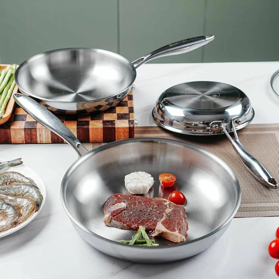 SLOTTET 10 Inch Tri-Ply Stainless Steel Skillet, Induction Compatible Oven Safe Frying Pan with Stay-Cool Handle, Dishwasher Safe Clad Cookware