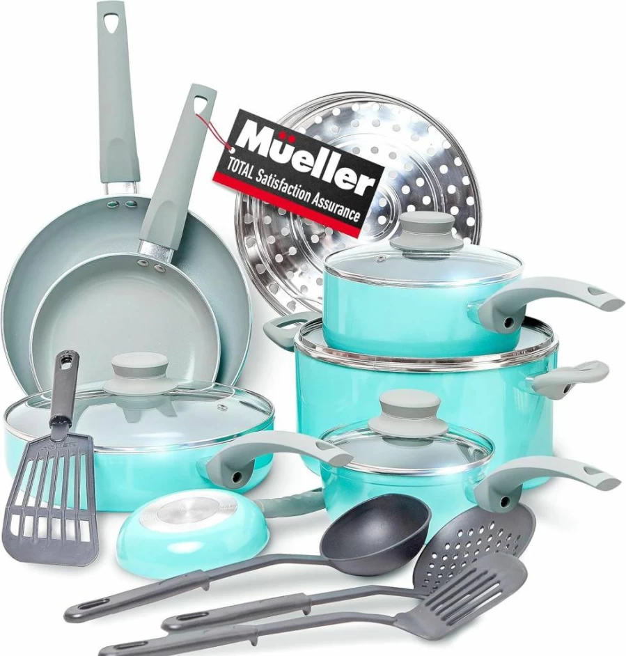 Mueller 16-Piece Ceramic Non-Toxic Cookware Set with Non-Stick Pots, Pans, Frying Pans, Sauce Pan, Steamer & Glass Lids - Dishwasher Safe Stone Pots & Kitchen Utensils