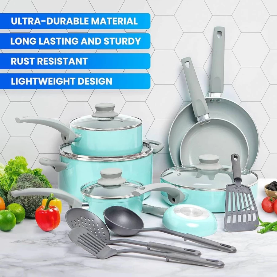 Mueller 16-Piece Ceramic Non-Toxic Cookware Set with Non-Stick Pots, Pans, Frying Pans, Sauce Pan, Steamer & Glass Lids - Dishwasher Safe Stone Pots & Kitchen Utensils