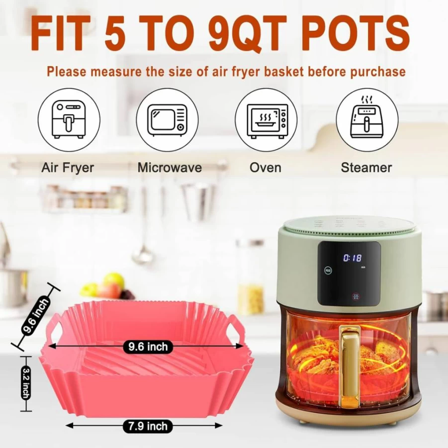 Seropy 2-Pack Reusable Silicone Air Fryer Liners, 7.1 Inch Square Non-Stick Oven Baking Mats for 4-7 Qt Air Fryer Basket, Pot & Kitchen Accessories
