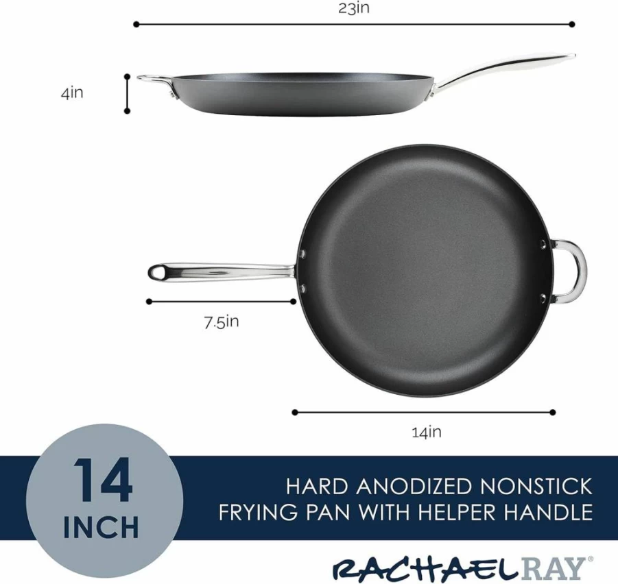 Rachael Ray 14-Inch Professional Hard Anodized Nonstick Fry Pan with Helper Handle - Gray Skillet for Even Heating & Durability