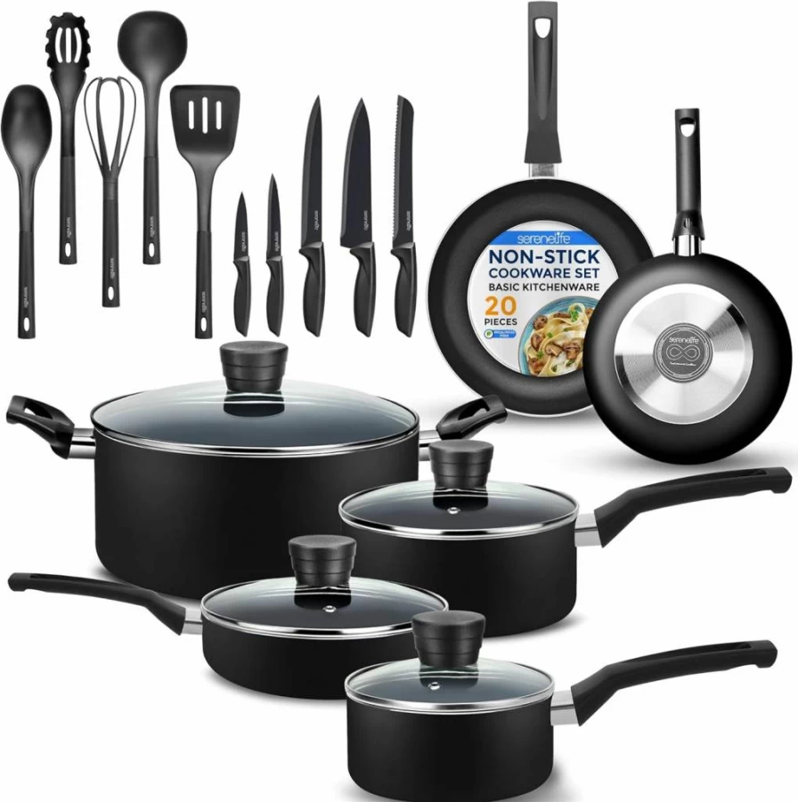 SereneLife 20-Piece Non-Stick Kitchen Cookware Set with Heat-Resistant Lacquer, Black Pots & Pans for Basic Cooking Needs