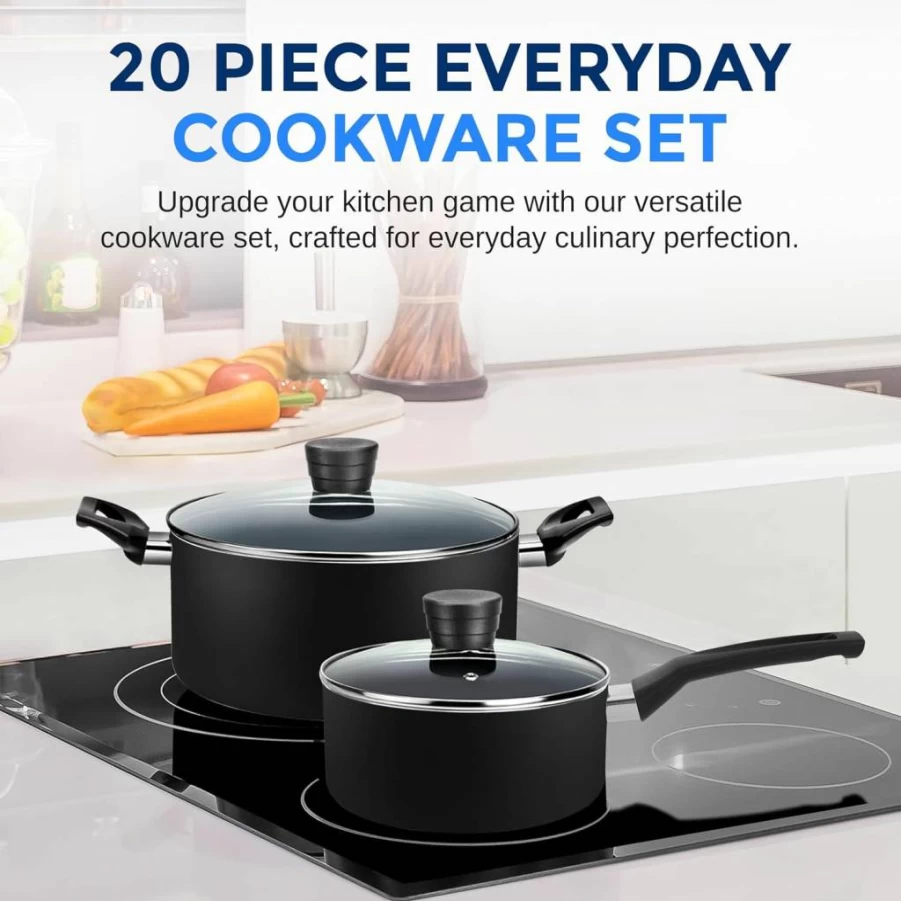 SereneLife 20-Piece Non-Stick Kitchen Cookware Set with Heat-Resistant Lacquer, Black Pots & Pans for Basic Cooking Needs