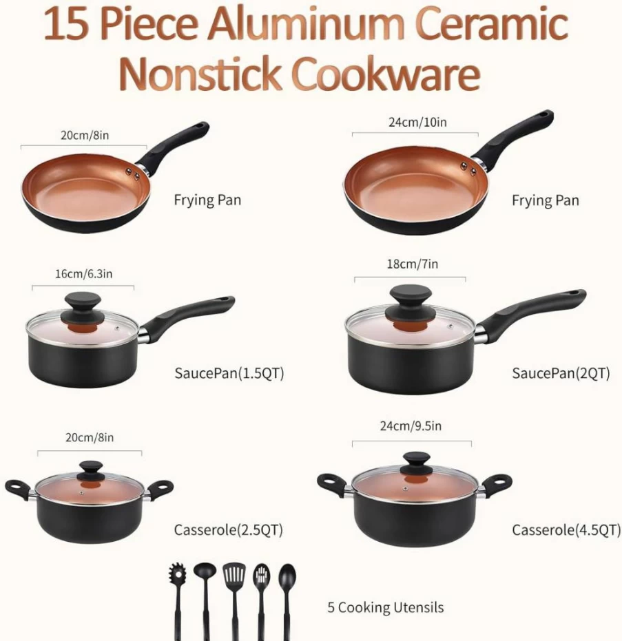 BECIGAR 8-Piece Black Ceramic Nonstick Cookware Set, Induction Safe Pots and Pans Set with Frying Pans, Saucepans, Shovel & Ladle for Kitchen Cooking