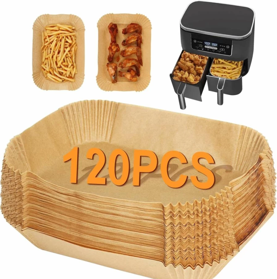 BYKITCHEN 120-Pack Disposable Air Fryer Liners, Compatible with Ninja DZ201, DZ401, DZ550, SL401 & Instant Vortex Dual Zone Air Fryers, Non-Stick Rectangle Paper Sheets for Easy Cleanup
