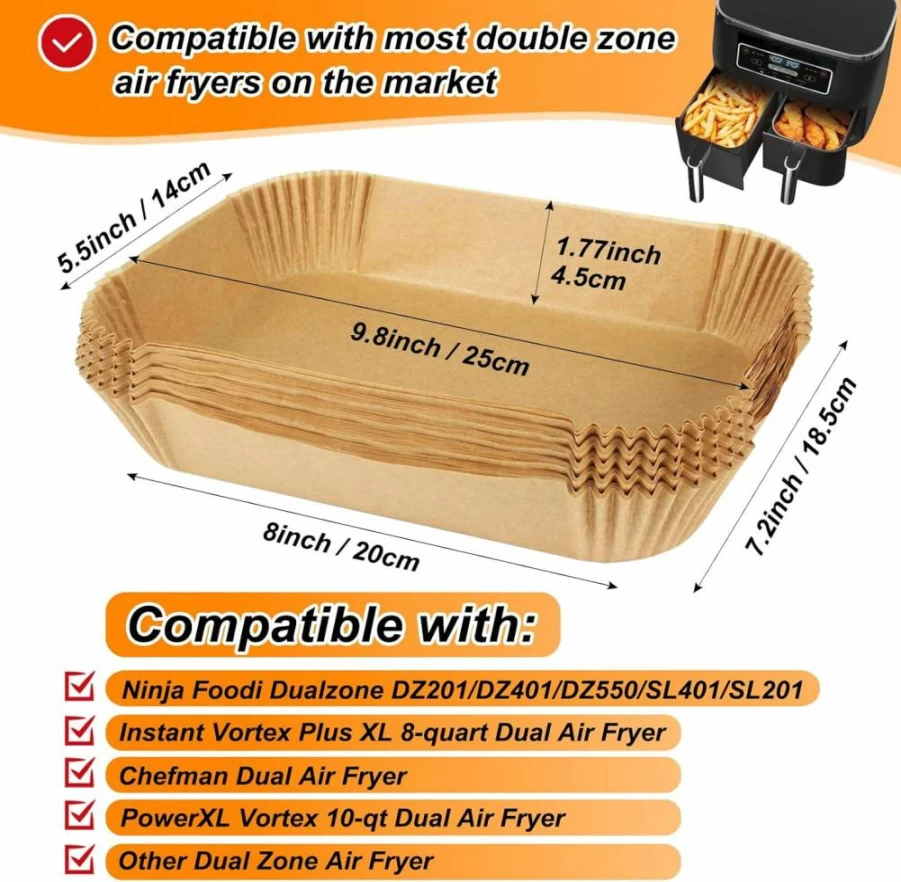 BYKITCHEN 120-Pack Disposable Air Fryer Liners, Compatible with Ninja DZ201, DZ401, DZ550, SL401 & Instant Vortex Dual Zone Air Fryers, Non-Stick Rectangle Paper Sheets for Easy Cleanup