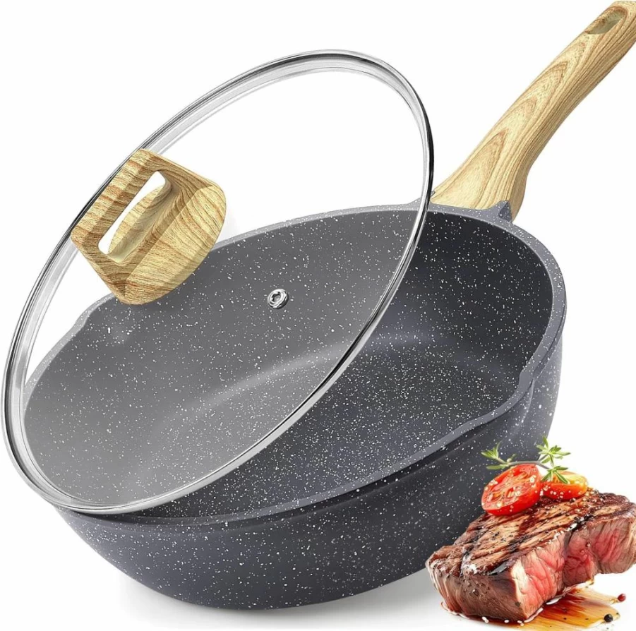 GiPP 11-Inch Nonstick Deep Fry Pan with Lid - 4.5Qt Granite Coating Induction Saute Skillet, PFOA PFOS APEO Free, White Cookware for Frying & Cooking