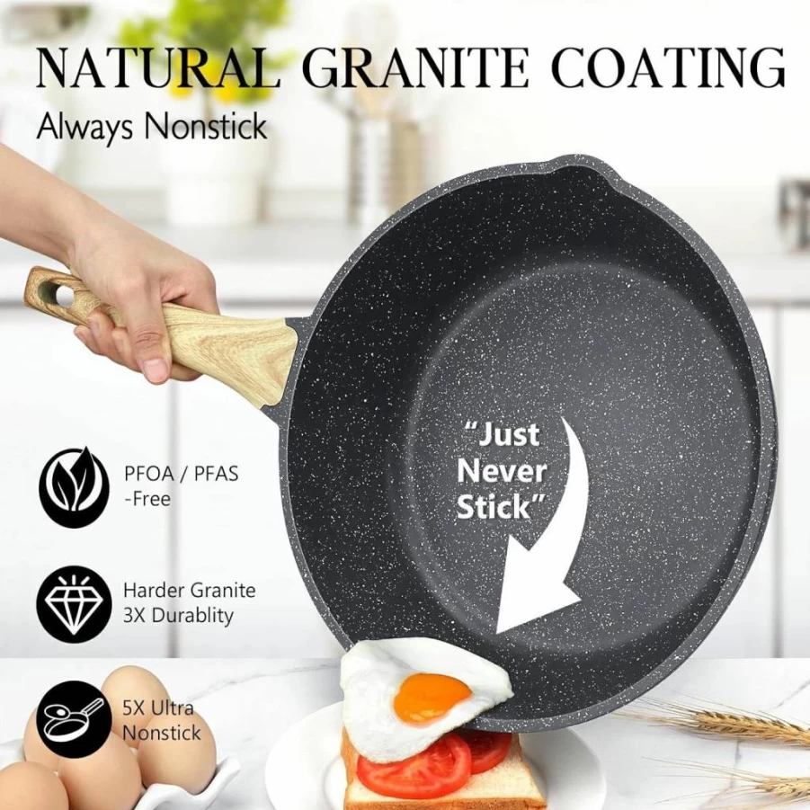 GiPP 11-Inch Nonstick Deep Fry Pan with Lid - 4.5Qt Granite Coating Induction Saute Skillet, PFOA PFOS APEO Free, White Cookware for Frying & Cooking