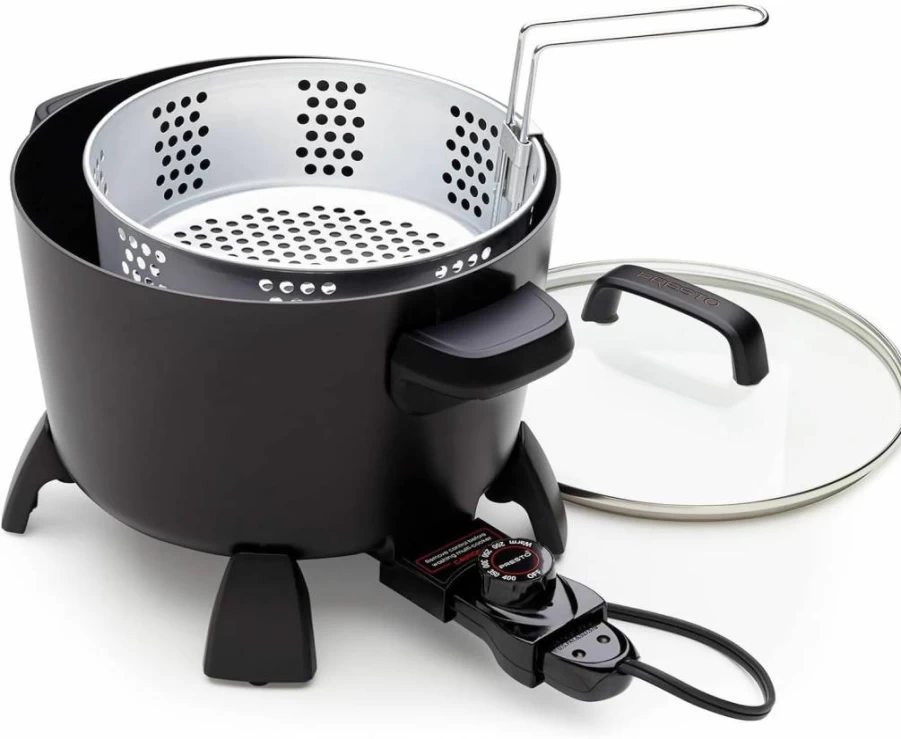 Presto 8-Quart Stainless Steel Multi-Cooker with Steamer & Deep Fryer Basket – Electric Kitchen Kettle for Frying, Boiling & Steaming – Black
