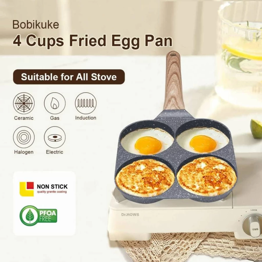 Bobikuke Nonstick Egg Frying Pan with Lid - 4 Cup Pancake Pan for Breakfast, Perfect for Fried Eggs - Black Skillet