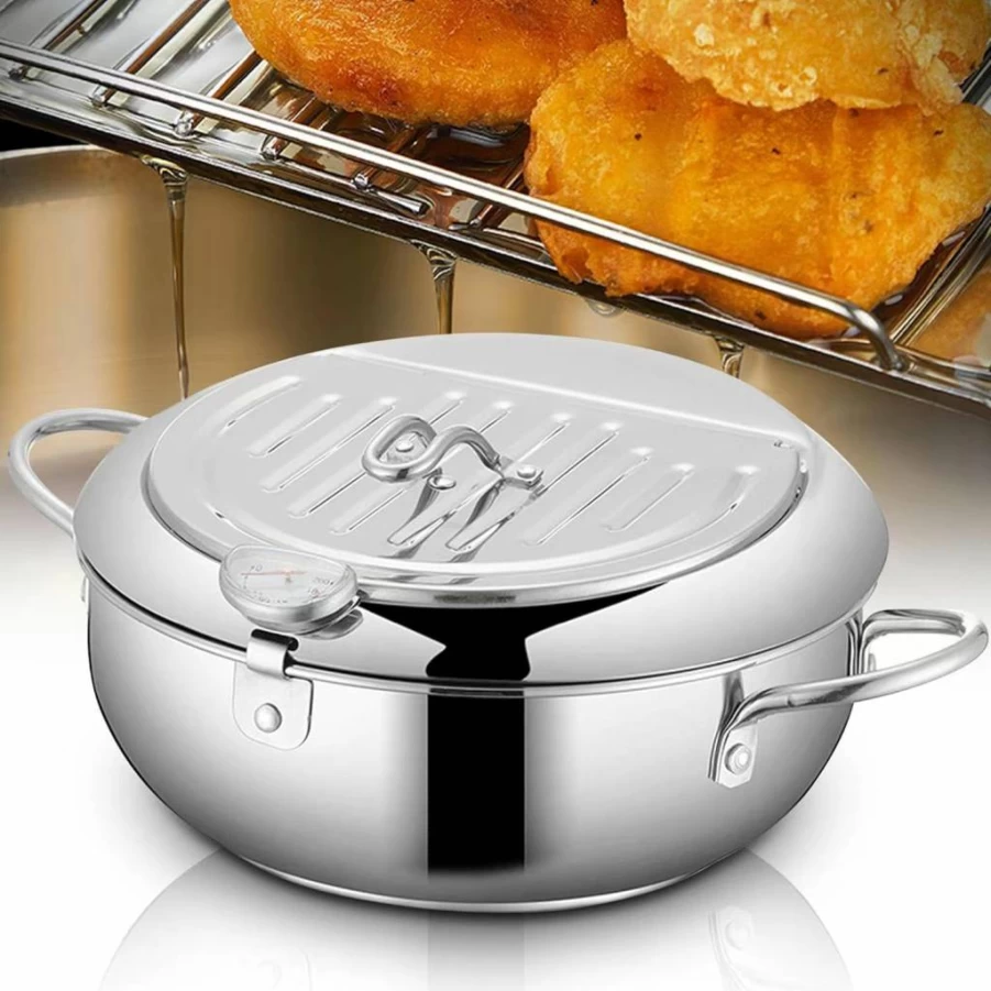 DIY HOME Stainless Steel Deep Fryer Pot with Thermometer, Lid & Drain Rack - 24cm Japanese Tempura Fryer for Chicken, Shrimp, French Fries - Oil Frying Pot for Home Kitchen (9.4 Inch)