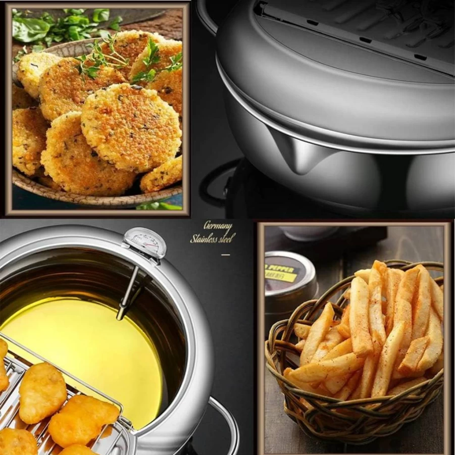 DIY HOME Stainless Steel Deep Fryer Pot with Thermometer, Lid & Drain Rack - 24cm Japanese Tempura Fryer for Chicken, Shrimp, French Fries - Oil Frying Pot for Home Kitchen (9.4 Inch)