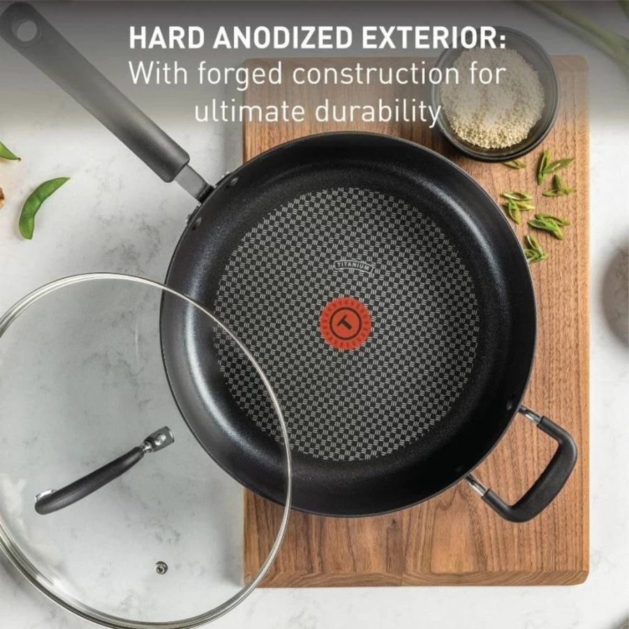 Tefal Ultimate Hard Anodized Nonstick 12-Inch Frying Pan with Lid - Oven & Broiler Safe to 400°F, Dishwasher Safe, Black Skillet for Home Cooking