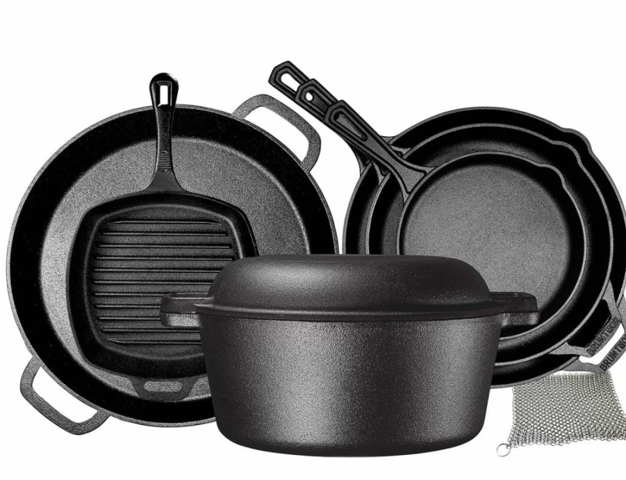 Bruntmor 8-Piece Cast Iron Cookware Set - Pre-Seasoned Skillets, Grill Pan, Dutch Oven, Pizza Pan & Utensils - Durable Kitchen & Camping Pots and Pans - Perfect Gift for Home Chefs