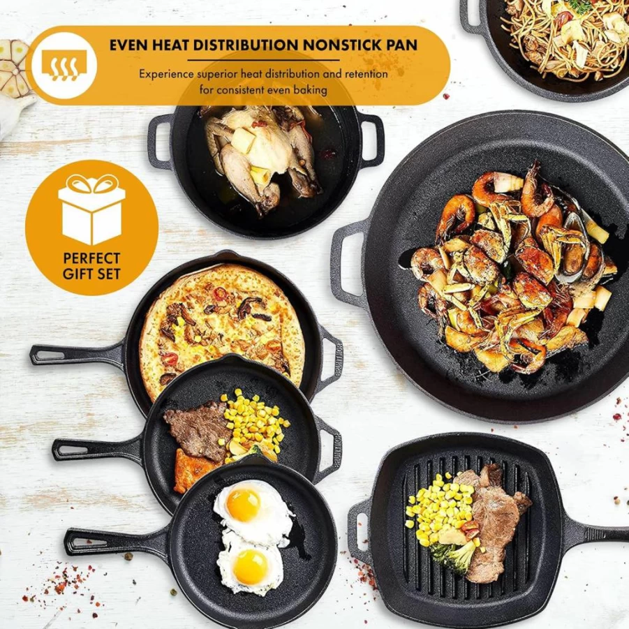 Bruntmor 8-Piece Cast Iron Cookware Set - Pre-Seasoned Skillets, Grill Pan, Dutch Oven, Pizza Pan & Utensils - Durable Kitchen & Camping Pots and Pans - Perfect Gift for Home Chefs