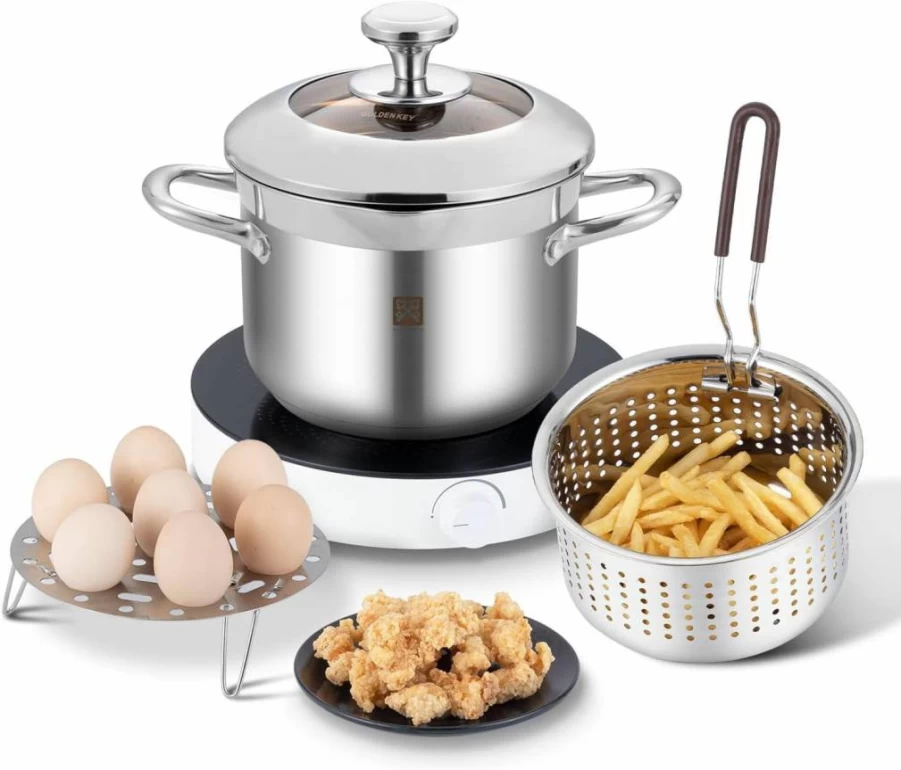 GOLDEN KEY 4.0L Stainless Steel Deep Fryer with Basket - 304 Grade, Multi-Function Cooker for Kitchen & Camping
