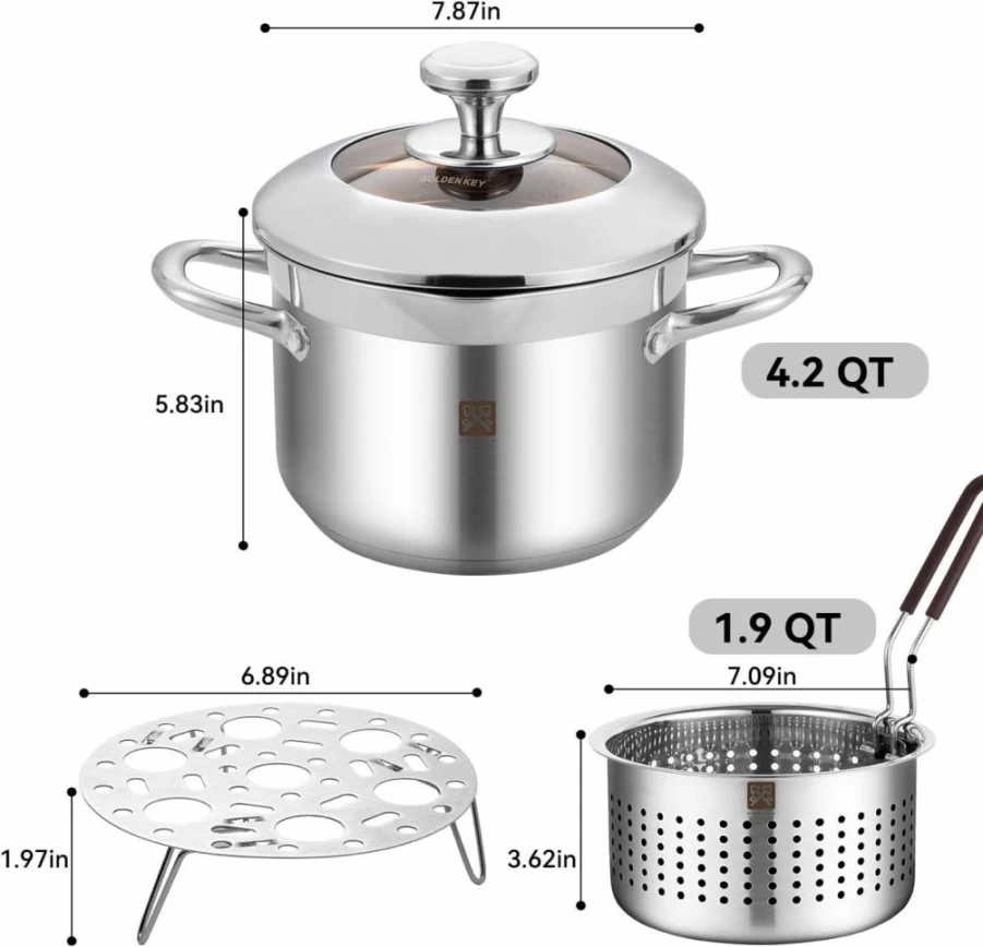 GOLDEN KEY 4.0L Stainless Steel Deep Fryer with Basket - 304 Grade, Multi-Function Cooker for Kitchen & Camping