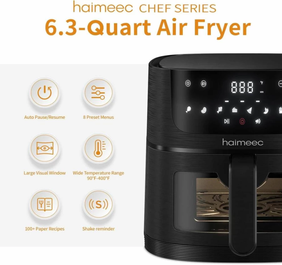 HAIMEEC 6.3 Qt Air Fryer with 8-in-1 Functions, 400°F Rapid Heating, Nonstick Basket, Shake Reminder, Easy View Window, 100+ Recipes, 95% Less Oil for Healthy Cooking