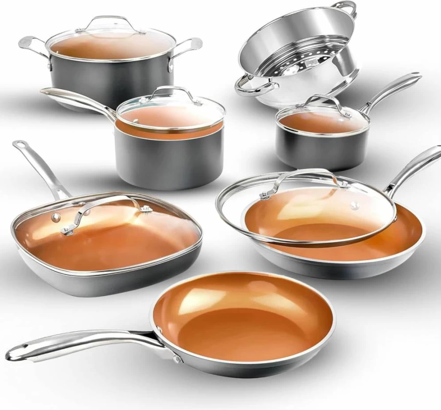 GOTHAM STEEL 12-Piece Non-Toxic Ceramic Cookware Set - Non-Stick Pots and Pans, Oven & Dishwasher Safe, Copper Coated Kitchen Cookware