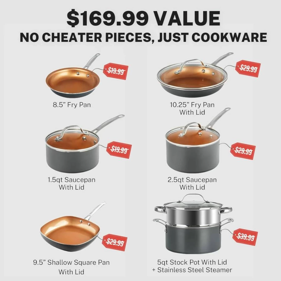 GOTHAM STEEL 12-Piece Non-Toxic Ceramic Cookware Set - Non-Stick Pots and Pans, Oven & Dishwasher Safe, Copper Coated Kitchen Cookware