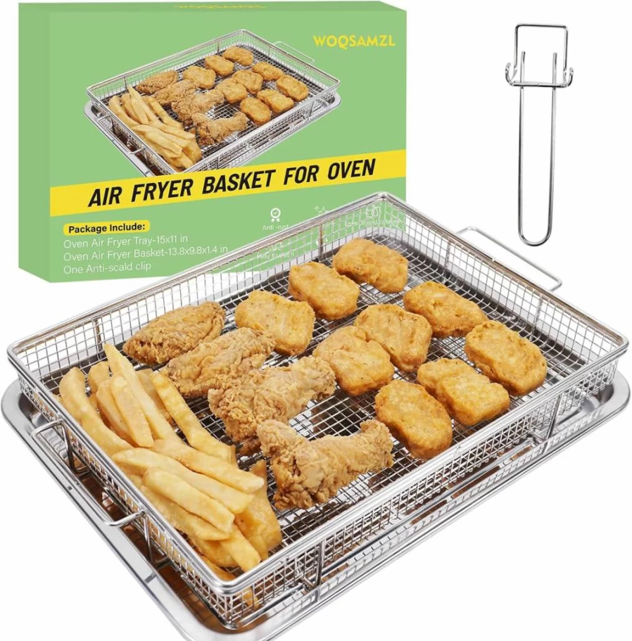 WOQSAMZL 2-Pcs Stainless Steel Air Fryer Basket Set - Extra Thick & Heavy Duty Wire, 15" & 11" Baking Crisper Trays with Anti-Scald Handle, Oven Safe Air Fryer Accessories