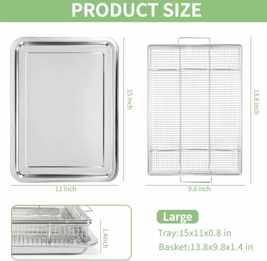WOQSAMZL 2-Pcs Stainless Steel Air Fryer Basket Set - Extra Thick & Heavy Duty Wire, 15" & 11" Baking Crisper Trays with Anti-Scald Handle, Oven Safe Air Fryer Accessories