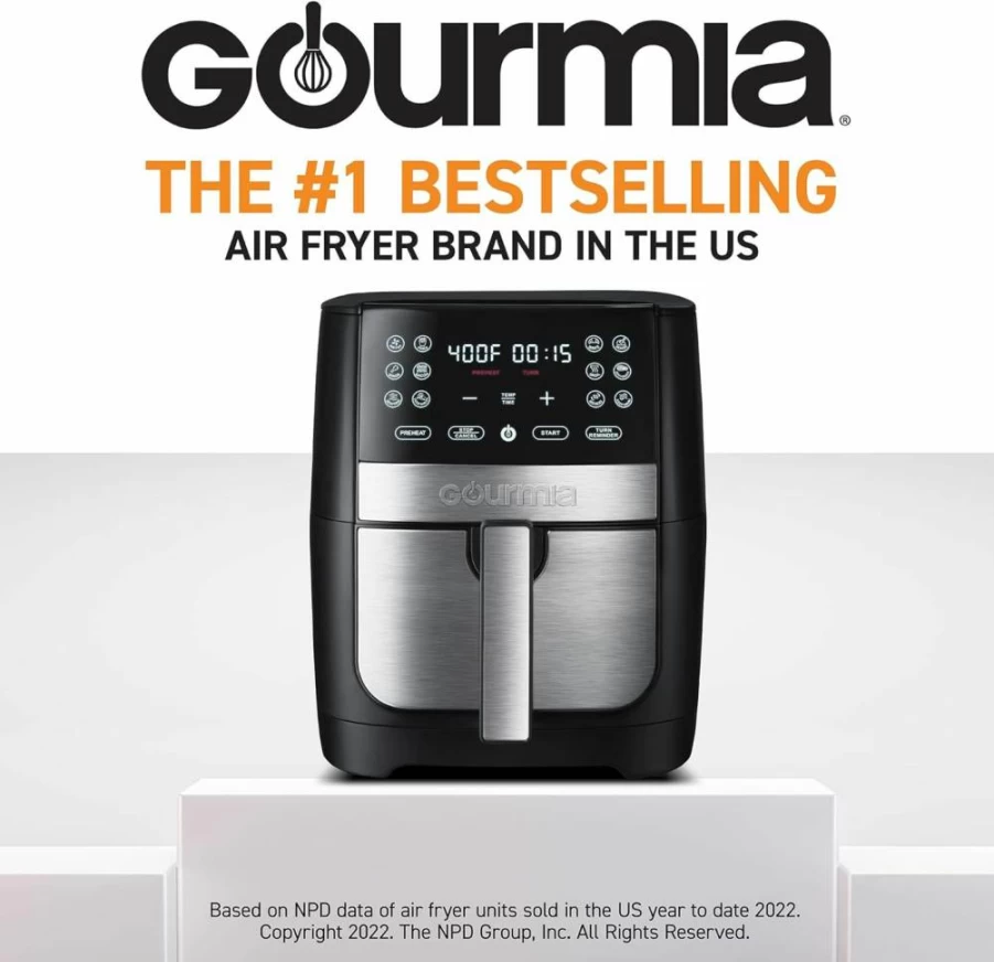 Gourmia GAF826 8 Qt XL Air Fryer with 12 One-Touch Presets, Nonstick Dishwasher Safe Basket, Oil-Free Healthy Cooking, ETL Certified, Black