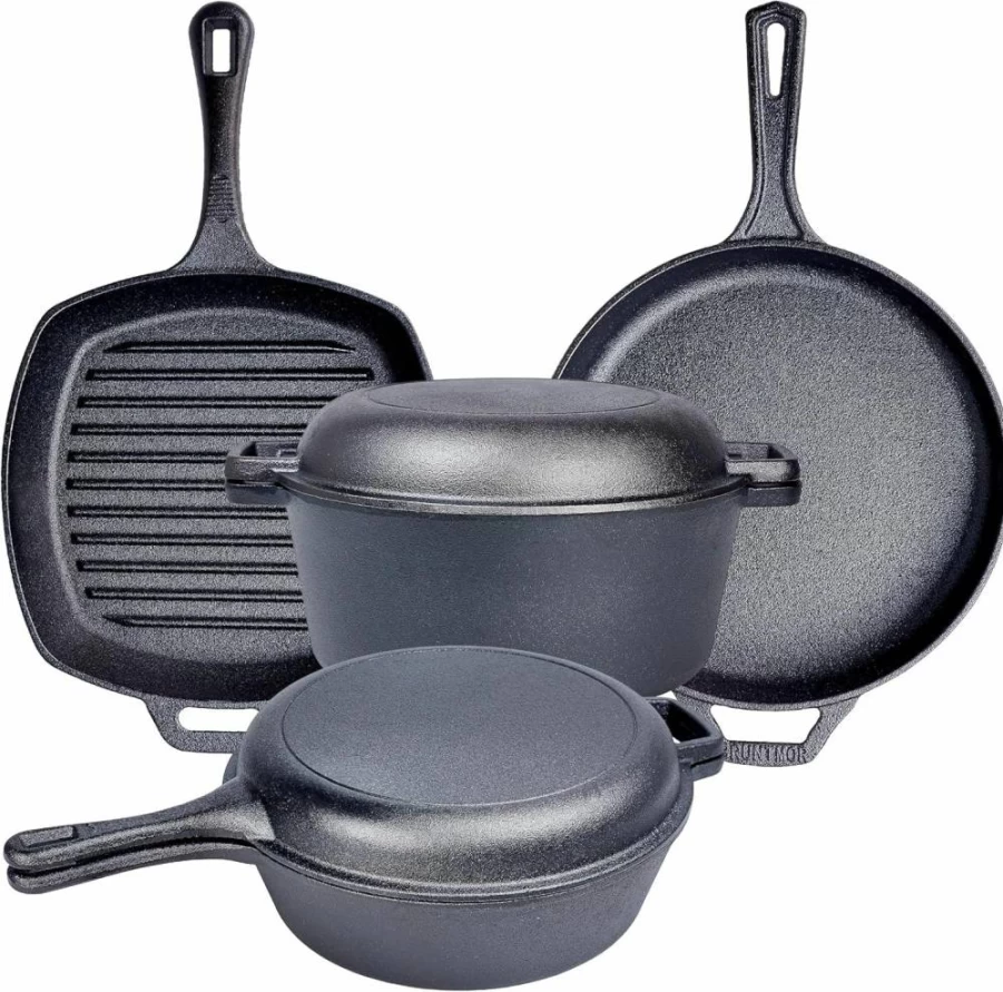 Bruntmor 6-Piece Pre-Seasoned Cast Iron Cookware Set - Dutch Oven, Skillets & Grill Pan with Lid - Outdoor Camping & Kitchen Cooking Accessories