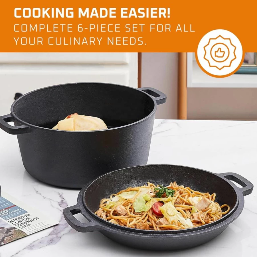 Bruntmor 6-Piece Pre-Seasoned Cast Iron Cookware Set - Dutch Oven, Skillets & Grill Pan with Lid - Outdoor Camping & Kitchen Cooking Accessories