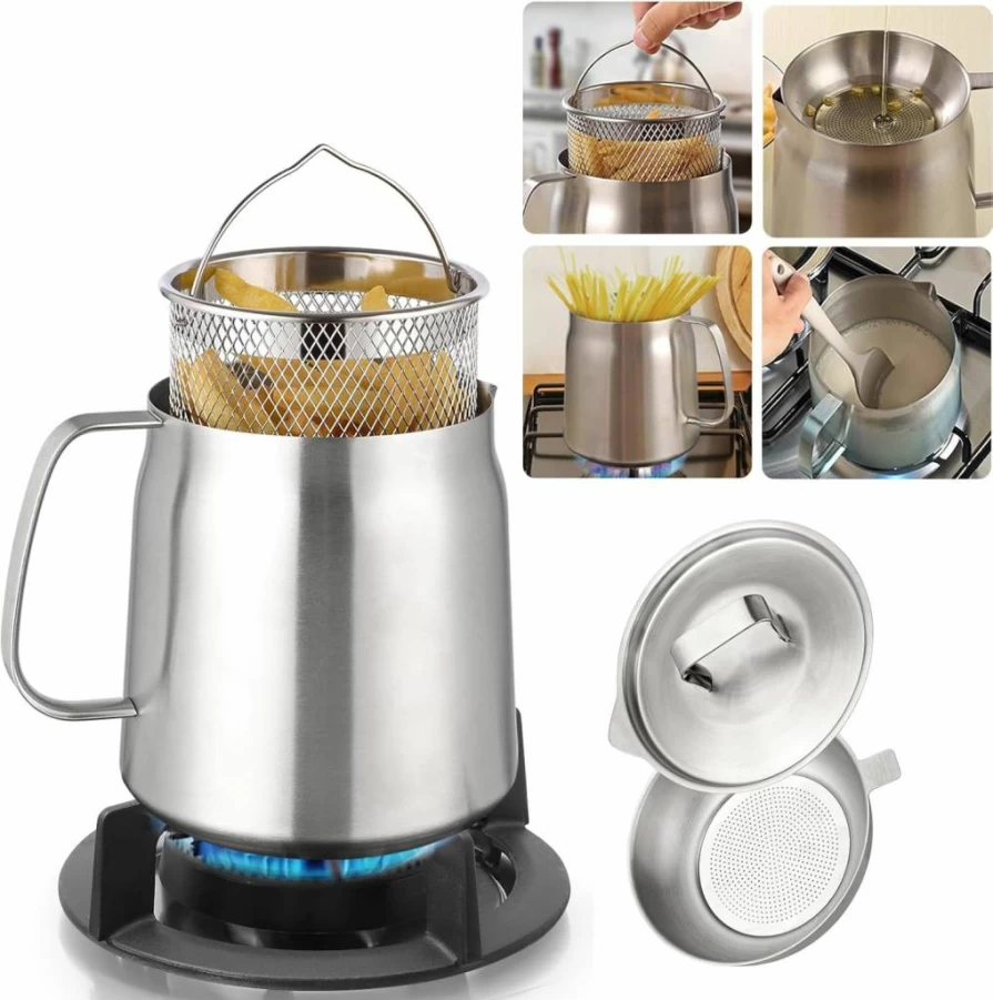 Oxydrily 2L Stainless Steel Grease Keeper with Removable Fine Mesh Strainer - Large Capacity Oil Filter Pot for Bacon, Frying & Kitchen Storage, Durable Cooking Oil Saver Container