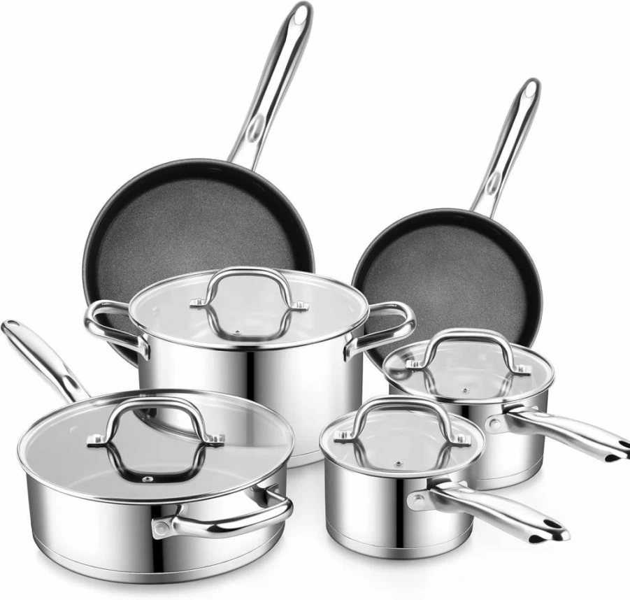 P&P CHEF 10-Piece Stainless Steel Cookware Set - 6 Pots & Pans with Glass Lids, Nonstick Frying Pans, Saute Pan - Induction Compatible Kitchen Cookware