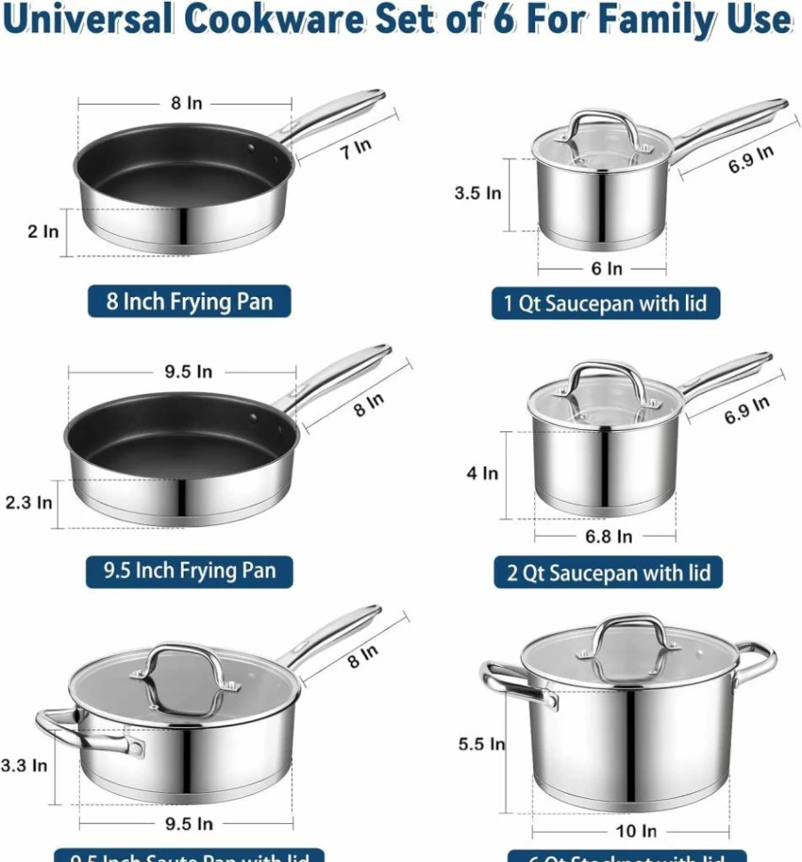 P&P CHEF 10-Piece Stainless Steel Cookware Set - 6 Pots & Pans with Glass Lids, Nonstick Frying Pans, Saute Pan - Induction Compatible Kitchen Cookware
