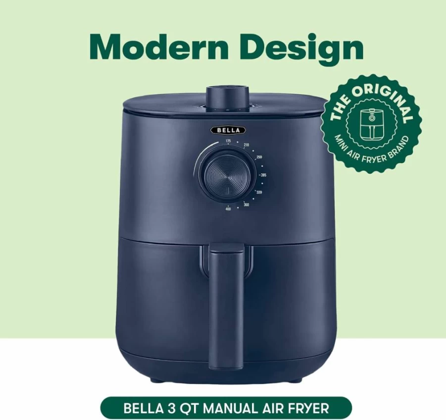 BELLA 2 Quart Manual Air Fryer Oven - 5-in-1 Multicooker with Removable Nonstick Basket, Dishwasher Safe Crisping Tray, 1200W Powerful Heating, Matte Black Countertop Cooker for Healthy Frying