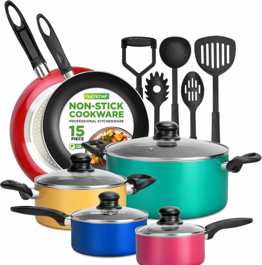 NutriChef 15-Piece Non-Stick Cookware Set - PFOA/PFOS-Free Colorful Kitchen Pots & Pans with Lids, Utensils, Oven Safe & Heat Resistant Lacquer Coating - NCCWCOR15