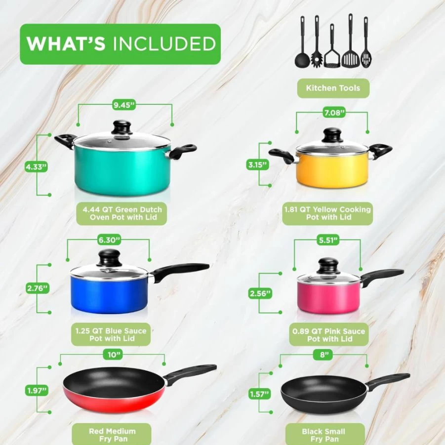 NutriChef 15-Piece Non-Stick Cookware Set - PFOA/PFOS-Free Colorful Kitchen Pots & Pans with Lids, Utensils, Oven Safe & Heat Resistant Lacquer Coating - NCCWCOR15