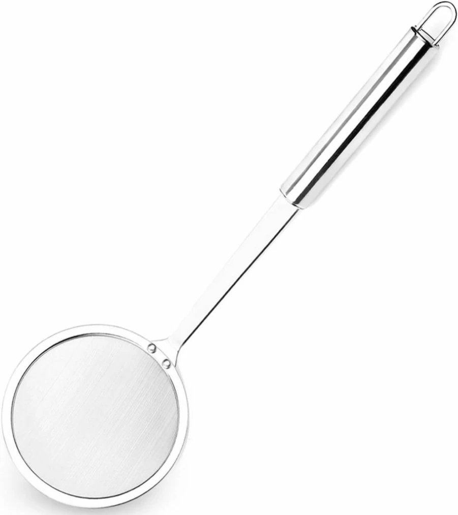 Hiware Stainless Steel Fine Mesh Skimmer Spoon - Long Handle Grease Strainer for Gravy, Foam & Hot Pot, Durable Kitchen Utensil