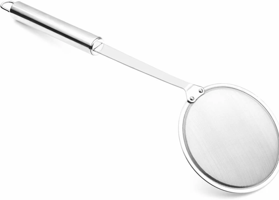 Hiware Stainless Steel Fine Mesh Skimmer Spoon - Long Handle Grease Strainer for Gravy, Foam & Hot Pot, Durable Kitchen Utensil