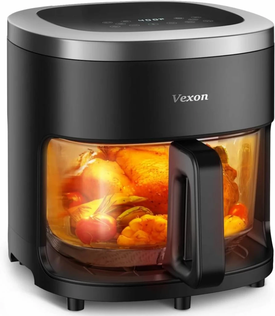 Vexon 6-In-1 4.5Qt Glass Air Fryer with Viewing Window, Digital Timer, Nonstick Dishwasher Safe Basket, Air Fry, Roast, Dehydrate, 97% Less Oil, Air Crisp Technology