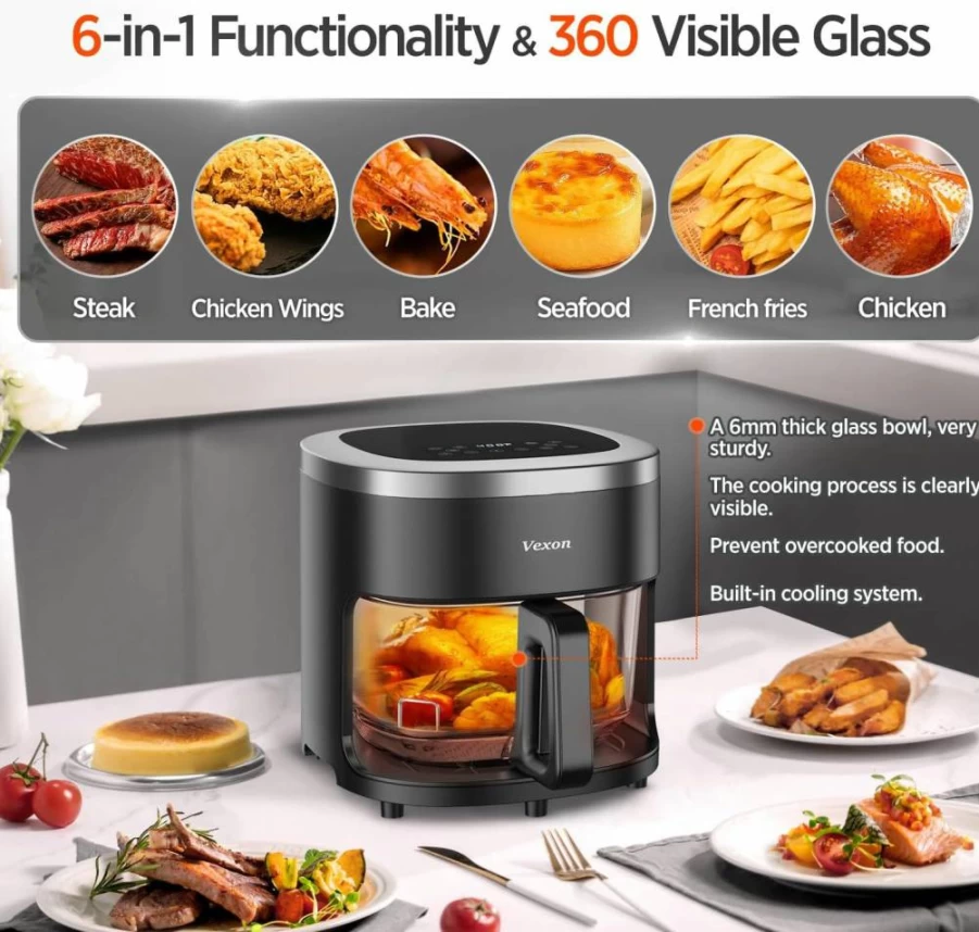 Vexon 6-In-1 4.5Qt Glass Air Fryer with Viewing Window, Digital Timer, Nonstick Dishwasher Safe Basket, Air Fry, Roast, Dehydrate, 97% Less Oil, Air Crisp Technology