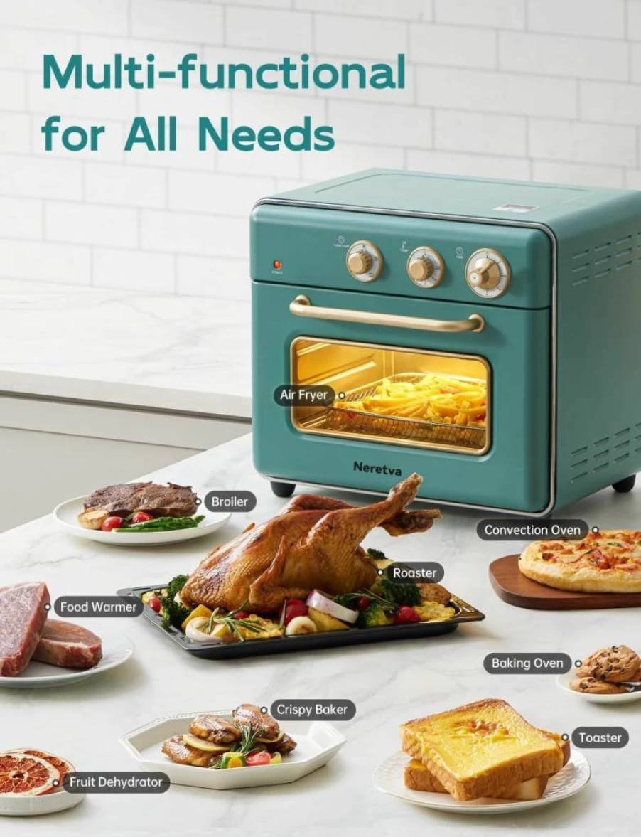 Neretva 6-in-1 Air Fryer Toaster Oven Combo, 21QT 1500W Compact Countertop Oven for Baking, Toasting, Broiling & Defrosting, 5-Slice Capacity, Stainless Steel