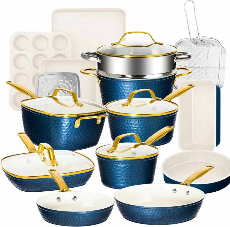 Gotham Steel 20-Piece Hammered Ceramic Nonstick Cookware Set with Square Pans & Bakeware, PFOA/PFOS Free, Oven & Dishwasher Safe