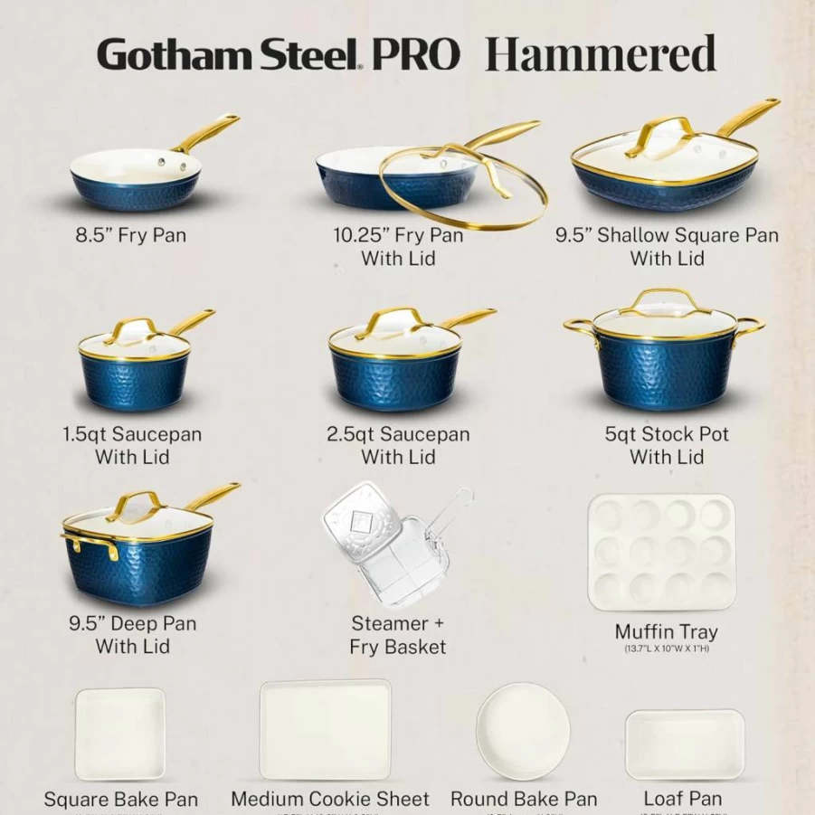 Gotham Steel 20-Piece Hammered Ceramic Nonstick Cookware Set with Square Pans & Bakeware, PFOA/PFOS Free, Oven & Dishwasher Safe