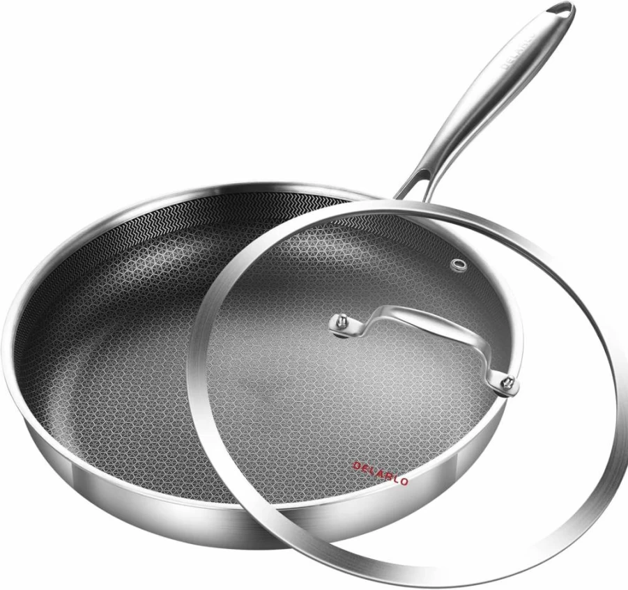 DELARLO 12 Inch Tri-Ply Stainless Steel Frying Pan with Lid - Induction Compatible, Dishwasher Safe, Even Heat Distribution for All Cooktops