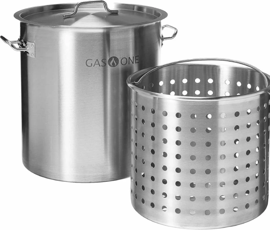 Gas One 36Qt Stainless Steel Stockpot with Basket & Lid - Heavy-Duty Reinforced Bottom for Deep Frying, Brewing, Soup, Seafood Boil - Satin Finish Commercial Cooking Pot