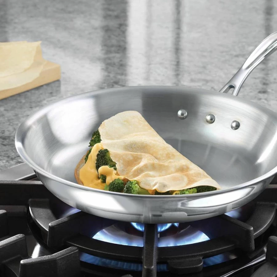 Calphalon Tri-Ply Stainless Steel 8-Inch Omelette Frying Pan with Lid, Nonstick Skillet for Eggs & Crepes, Dishwasher Safe Cookware