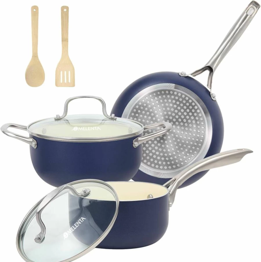 M MELENTA 7-Piece Nonstick Ceramic Cookware Set, Induction Compatible Pots and Pans with Stay-Cool Handles, PFOA-Free, Turquoise Kitchen Essentials